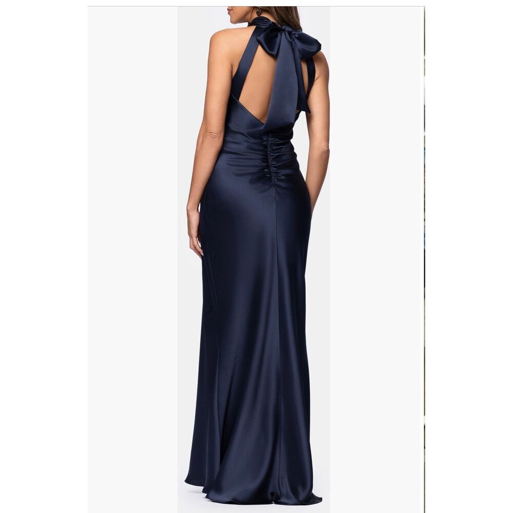 Xscape Evenings Navy Halter Neck Satin Sheath Gown Size 6 (NWOT)